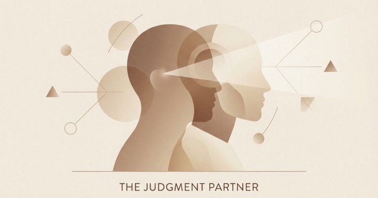 Minimalist illustration showing a human silhouette collaborating with an AI counterpart, symbolizing using AI as a thinking partner while keeping personal judgment in control.