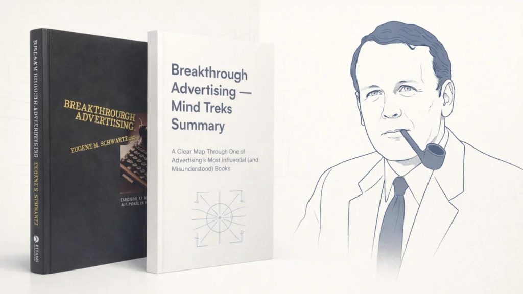 Editorial image of Eugene Schwartz alongside the original Breakthrough Advertising book cover and a modern Mind Treks summary guidebook cover.