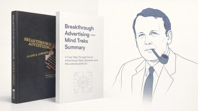 Editorial image of Eugene Schwartz alongside the original Breakthrough Advertising book cover and a modern Mind Treks summary guidebook cover.
