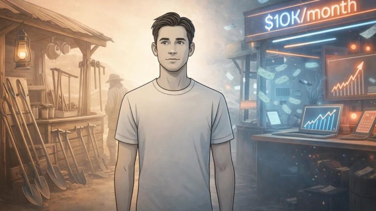 Illustrated avatar standing between a 19th-century gold rush shovel stall and a modern make-money-online booth, symbolizing what a shovel seller means in the modern era.