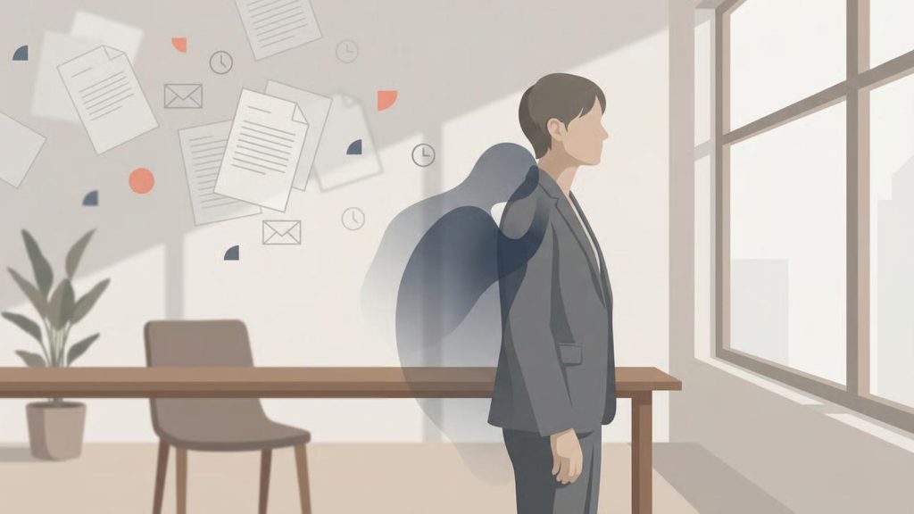 A thoughtful manager standing in a quiet office environment, symbolizing responsibility overload and why managers are always busy due to hidden ownership of decisions.